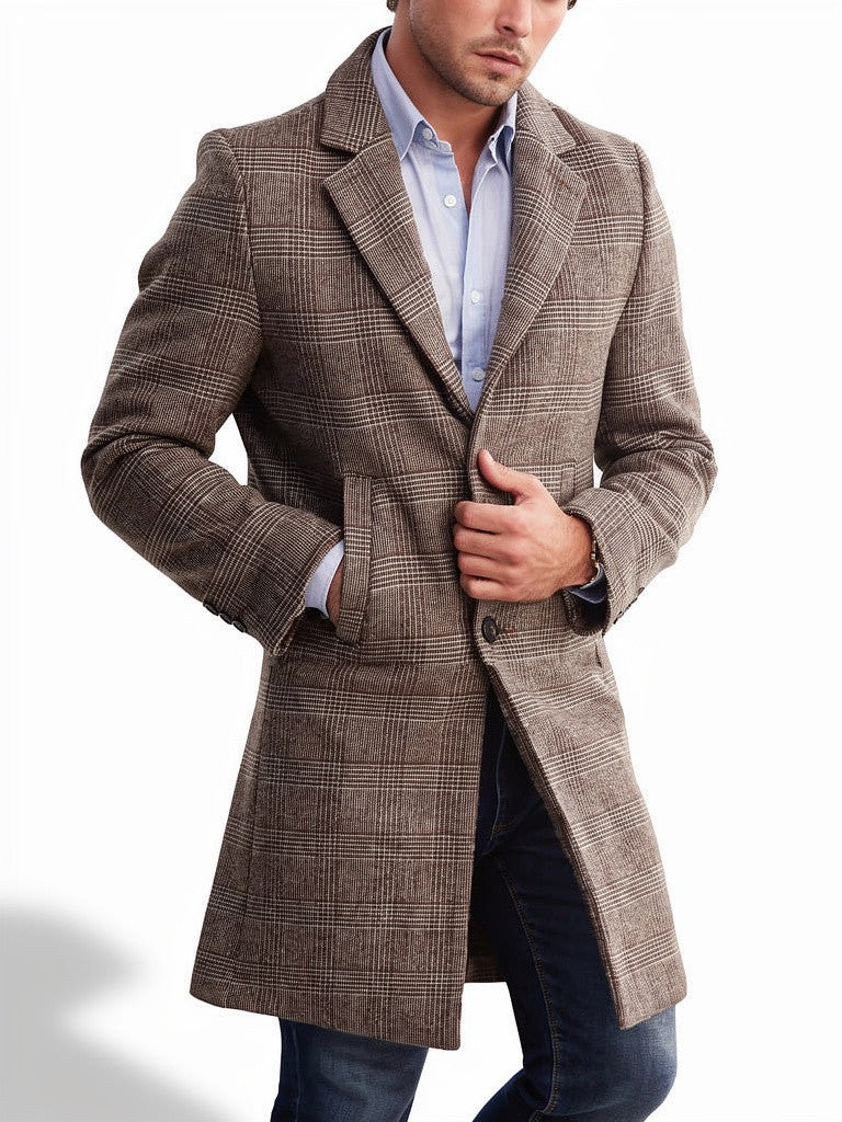 Men’s Plaid Woolen Coat – Mid-Length Warm Winter Style